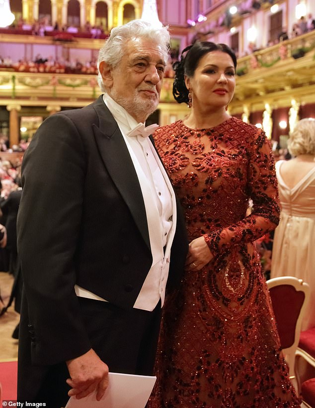 Domingo wore a tuxedo and tails, while the Russian-Austrian opera singer wore a floor-length gown as per the dress code.