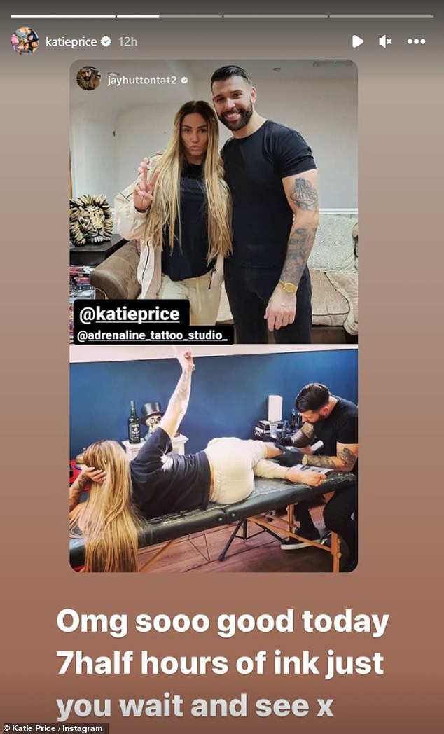 'Just wait and see': Katie reposted the photos to her 2.6 million followers, writing: 'OMG so good today 7 half hours of ink just wait and see x'
