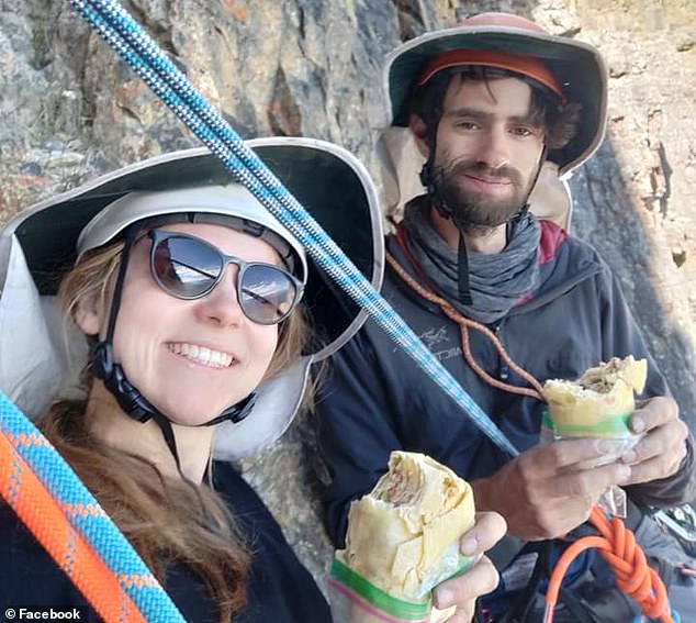 Mr. Heritage led the way as she followed him as they climbed five sections or pitches of rock face (the couple in the photo having lunch during a climb)