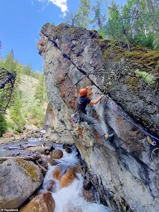 Emma Heritage plans to scatter some of her husband's ashes (pictured rock climbing in the Canadian Rockies) at Cerro Fitz Roy in Patagonia, which she had dreamed of visiting