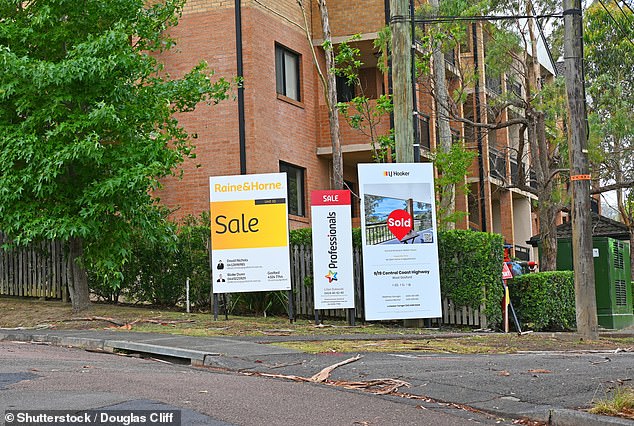 Nationwide, rents rose 6.7 percent to an average of $495 a week in 2022, but the problem was much worse in capital cities (for-sale signs in Gosford, NSW pictured)