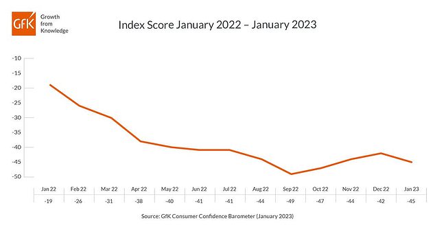 Pessimism: GfK's monthly Consumer Confidence Index, a long-running measure of how Britons view their personal finances and the overall economy, fell to -45 in January