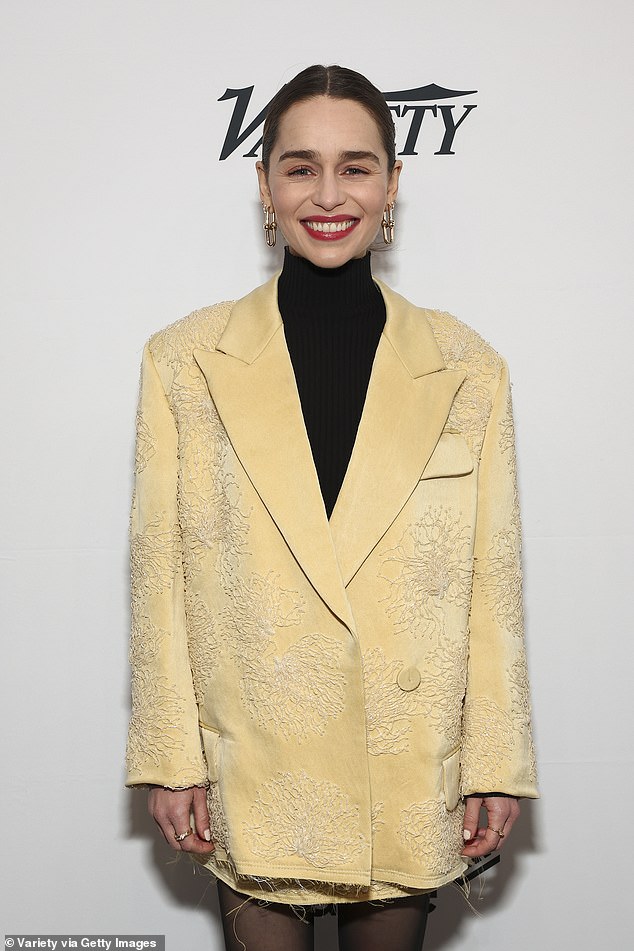 Stylish: The actress, 36, turned heads in a chic suede blazer and matching yellow skirt, embellished with a beaded pattern