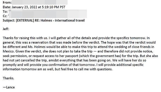 Holmes' lawyer, Lance Wade, told prosecutors that she had booked the ticket before the jury's verdict and hoped to make the international trip after being found not guilty.