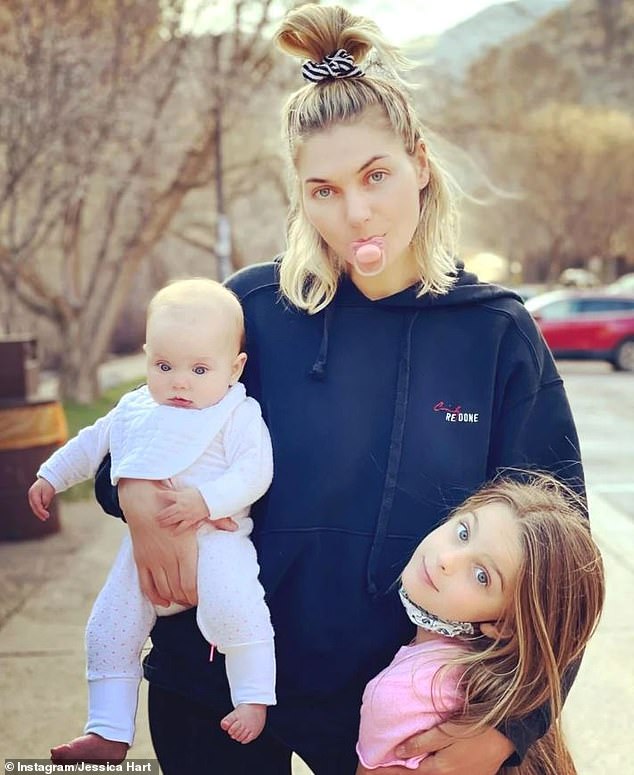 Jessica's two children and husband, James Kirkham, a former NASCAR driver, have also been living in Australia to support her and Rae (pictured with stepdaughter Wren)