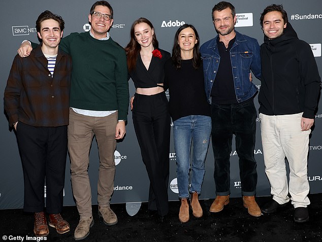 Cast & Crewmates: Phoebe (center) appeared to be on good terms with fellow actor Rich Sommer (second left), director Chloe, Alden Ehrenreich, and Sebastian De Souza (far right)