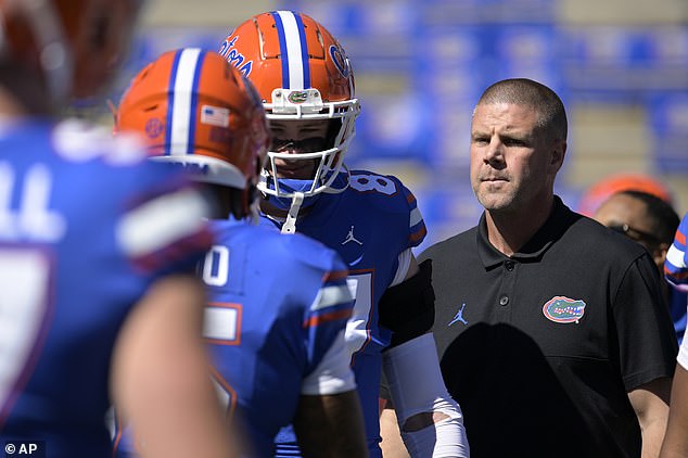 Florida head coach Billy Napier, right, watches players warm up before an NCAA college football game against Eastern Washington on October 2.