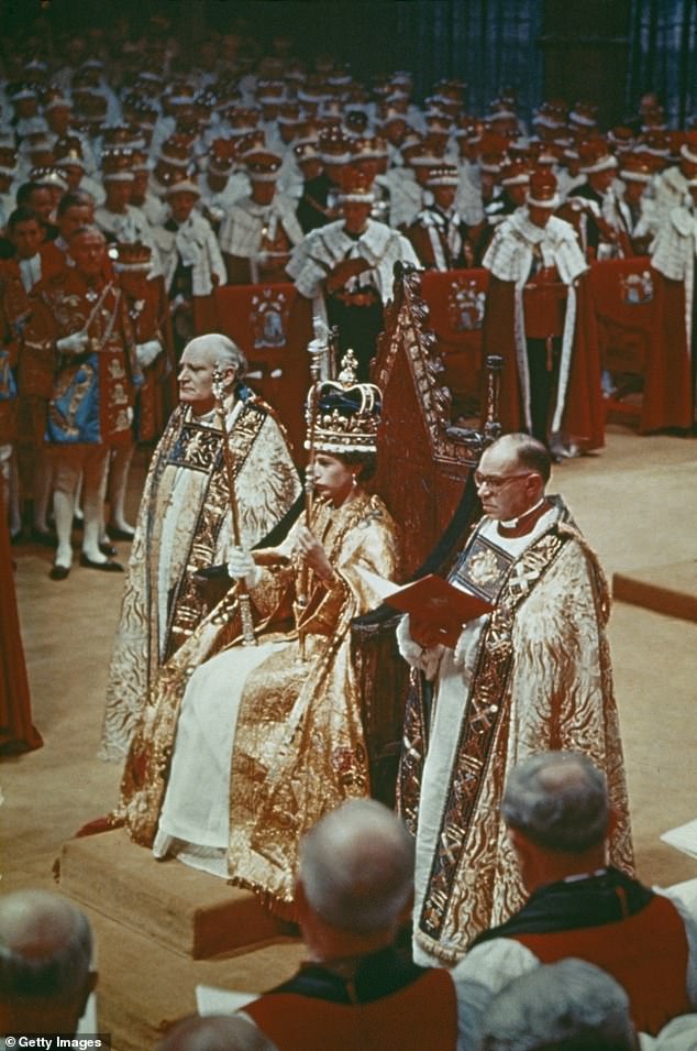 Pictured: Queen Elizabeth II at her coronation ceremony in Westminster Abbey, London, in 1953.