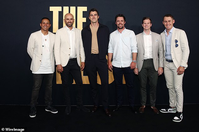 Usman Khawaja, Nathan Lyon, Pat Cummins, Travis Head, Steve Smith and Marnus Labuschgne attend the premiere of The Test Season Two at Hoyts Entertainment Quarter