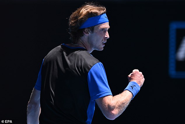 Rublev celebrates reaching the round of 16 at the Australian Open at Melbourne Park in a dominating straight-sets victory