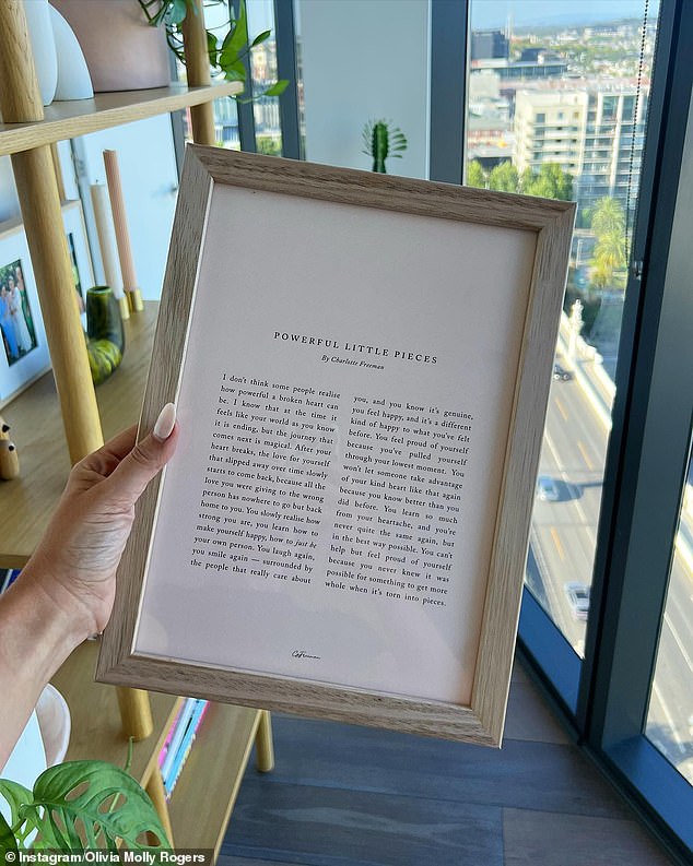 The 30-year-old former Miss Universe Australia posted a framed piece by author Charlotte Freeman on her Instagram.