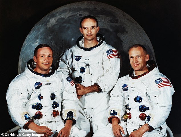 From left to right, Neil Armstrong, Michael Collins and Buzz Aldrin, Jr. pose for a portrait in their spacesuits against a backdrop of the Moon.