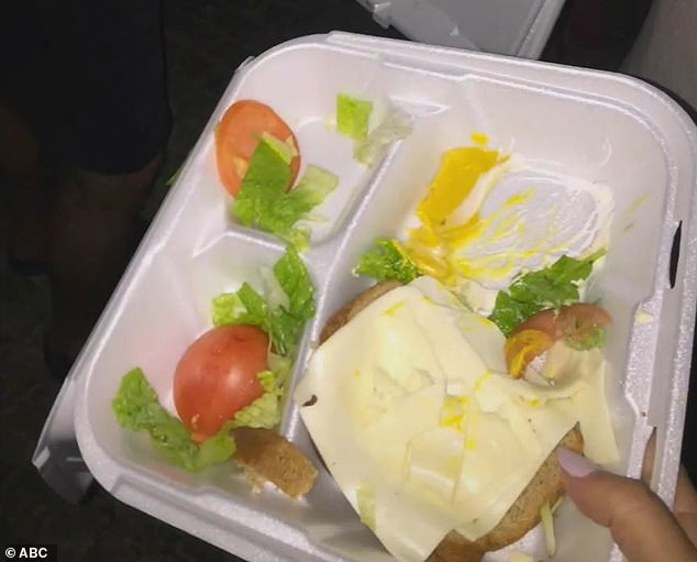 A photo of a sad looking cheese sandwich that was delivered to guests in a styrofoam container.