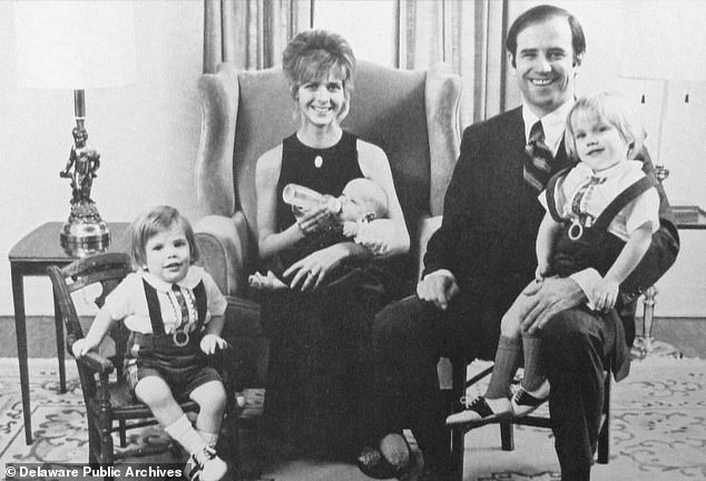 Joe Biden got personal in his remarks, talking about his wife Neilia Biden and their young daughter Noami, who died in a car accident;  he is seen with them above in a 1972 photo that also shows his sons Beau and Hunter.