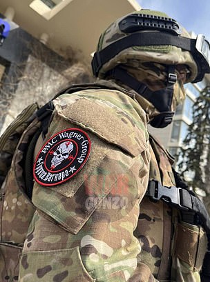 Wagner Group's hardened mercenaries are represented in eastern Ukraine.  The insignia of the private military company is seen on the mercenary's uniform.