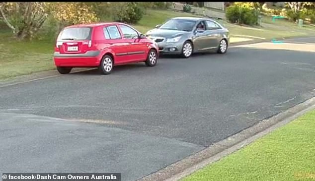 The vehicle then crashed into the red car head first before riding the grassy area off the road (pictured)