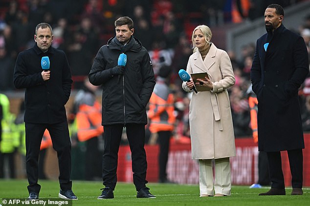 Gerrard (second from left) jokingly offered his services to help bring Bellingham to Liverpool.