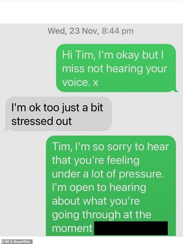 In the following texts, the scammer claimed to be 'stressed out' (pictured).  After Lisa tried to comfort her son, they said they had banking problems before taking out an $8,900 loan.