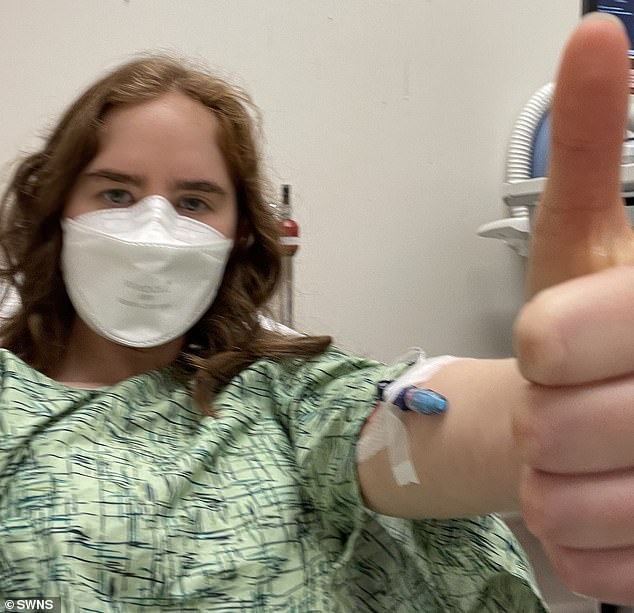 She has had multiple allergic reactions over the years, including intense stomach cramps and nausea. She is pictured above in hospital undergoing tests which later confirmed the disease