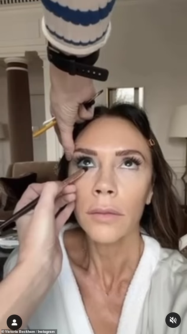 Process: Later in the video, Victoria swapped out her more natural look for a vibrant makeup palette with bright blue eyeshadow.