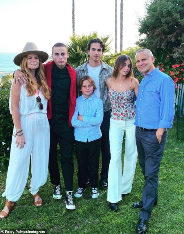 Family: Shares three children, Fenton, 22, Emilia, 21, and Bertie, 12, with husband Richard and Charley Palmer Rothwell, 30 - their son lives in the UK with ex-partner Alfie Rothwell (L-R: Patsy, children Fenton and Bertie Merkell, Chazz Nittolo, daughter Emilia Merkell and husband Richard Merkell)