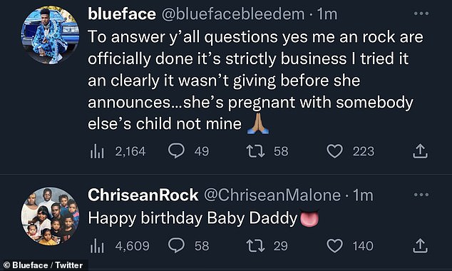 Happy birthday: Blueface denied being the father on Twitter.  Chrisean responded by writing 'Happy Birthday Baby Daddy'