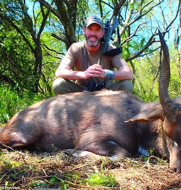 Beriau in one of his many trophy hunting photos.  He frequently travels to Africa to hunt larger game.