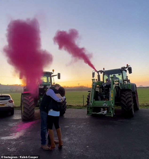 Reveal: The couple stood in front of two tractors and counted down from three until pink smoke billowed from the exhaust as their loved ones cheered.