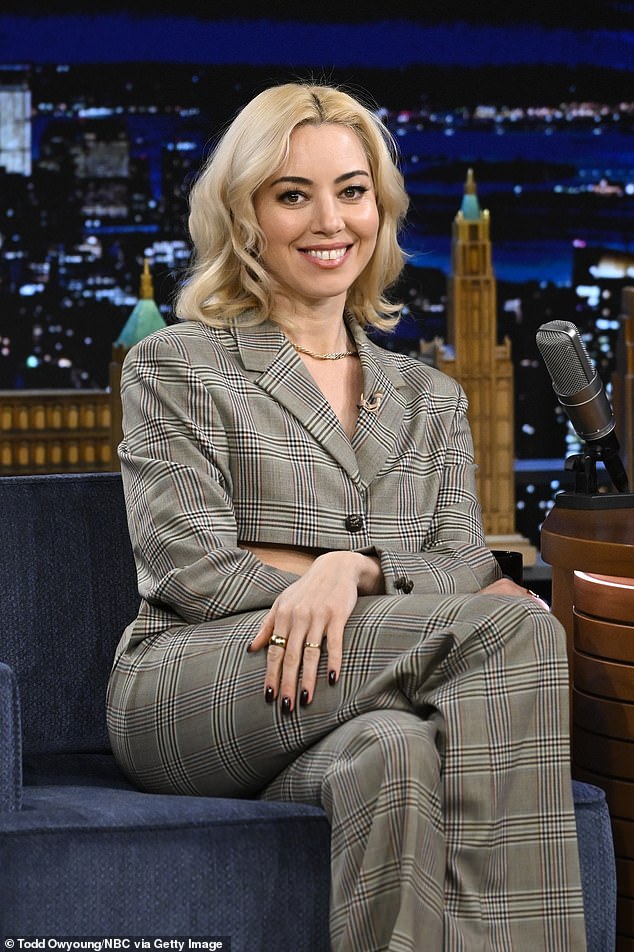 Buzzy: Aubrey has had a busy fall/winter season as audiences fell in love with her White Lotus character, Harper;  pictured on The Tonight Show last week