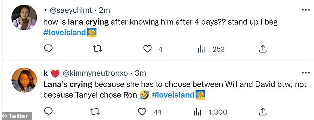 Reaction: Many viewers couldn't understand why Lana was so upset after only knowing Ron for four days.