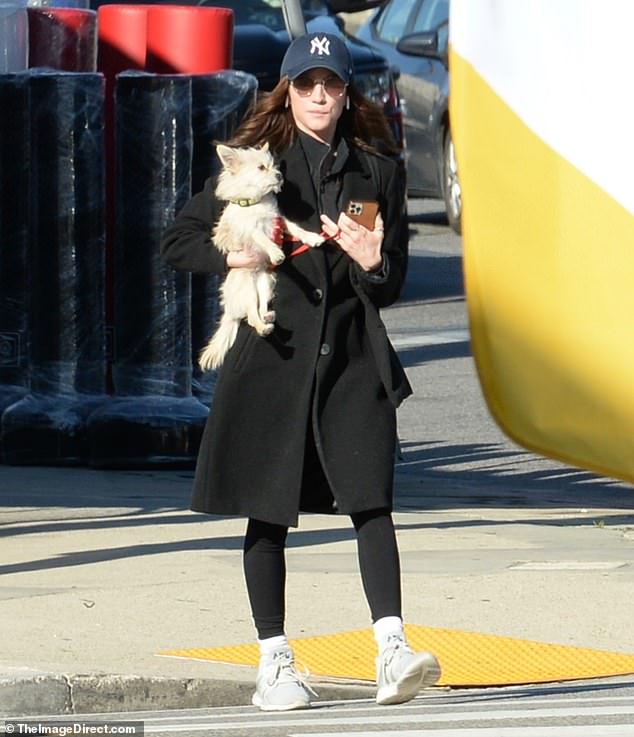 Under the radar: Dressed in black, the John Tucker Must Die star rocked a Yankees baseball cap and light blue sneakers as she walked her adorable rescue dog