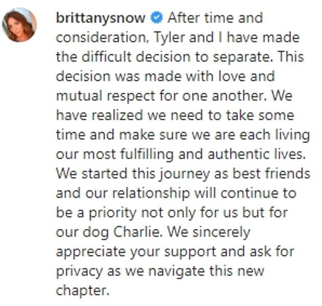 Conscious uncoupling: Four months ago, the couple announced together on Instagram that they were separating after three years of marriage