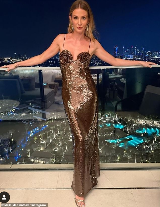 Sensational: Former Made In Chelsea star Millie looked sensational in a gold sequin dress and matching heels while attending the party alongside husband Hugo Taylor