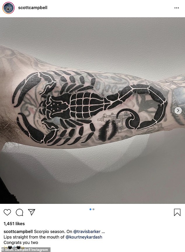 Details: Body art of Kourtney's lips was also applied to the inside of her bicep, along with a cleverly placed scorpion to cover up ex-wife Shanna Moakler's name.