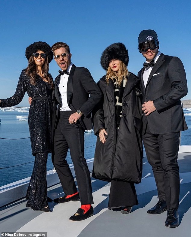 Embellished: Nina also shared a stylish photo with her boyfriend, Shaun White, as they posed with Zoey and her boyfriend, Home Economics actor Jimmy Tatro