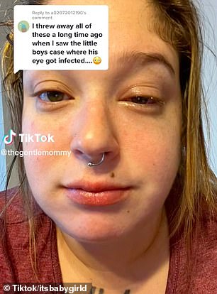 A mother worries that mold on her bath toys has been making her daughter sick when she puts them in her mouth.  She believes that she has even contracted an eye infection from the infected toys (pictured)