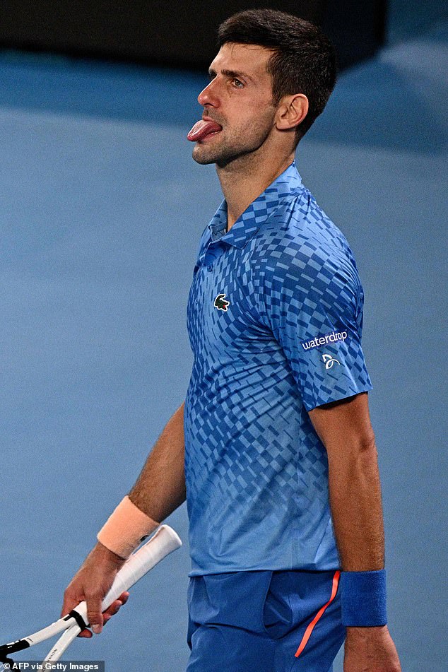 Novak Djokovic reacts after earning a point against Grigor Dimitrov in their win on Saturday night.  The Serb will now face Alex de Minaur in the fourth round.