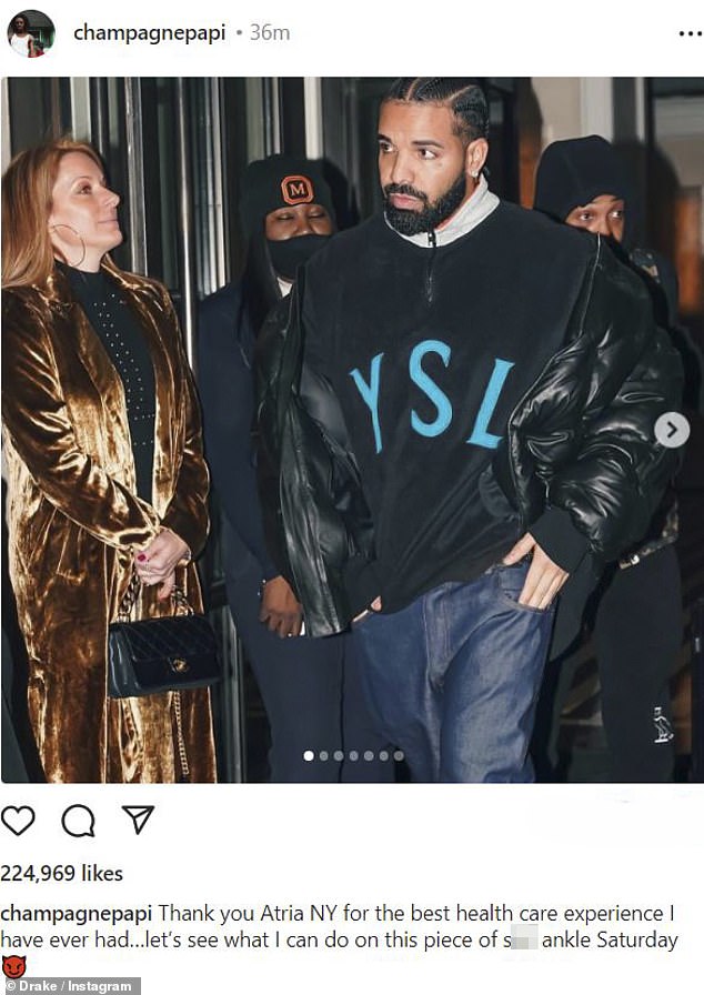 In a good mood: On Friday, Drake took to Instagram to show his appreciation for the stellar treatment he received at Atria.