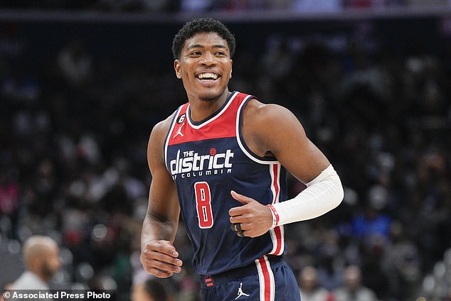 Washington Wizards forward Rui Hachimura (8) smiles after scoring against Orlando Magic