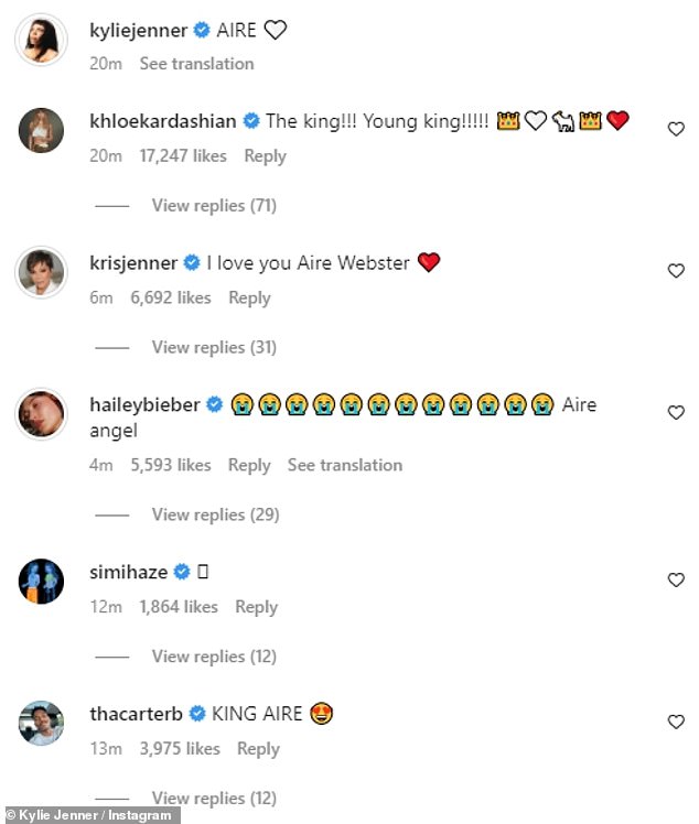 Excited responses: Social media users and celebrities, including her sister Khloe Kardashian and mom Kris Jenner, were quick to jump into the comments section and share their love.