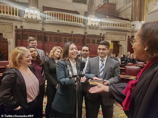 The joke came during the swearing-in ceremony for Gonzalez, who beat Crowley in a big way in the 59th District Democratic primary, representing parts of Greenpoint, Williamsburg and Long Island City.