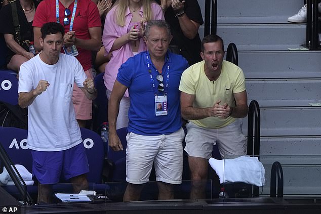 Korda was cheered on by his coach, former world number 8 Radek Stepanek (R), in his players' box.