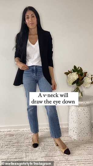 Melissa recommends that you steer clear of scoop neck tops if you want to elongate your body, because they 'close your cleavage' and instead opt for V-necks to attract attention (