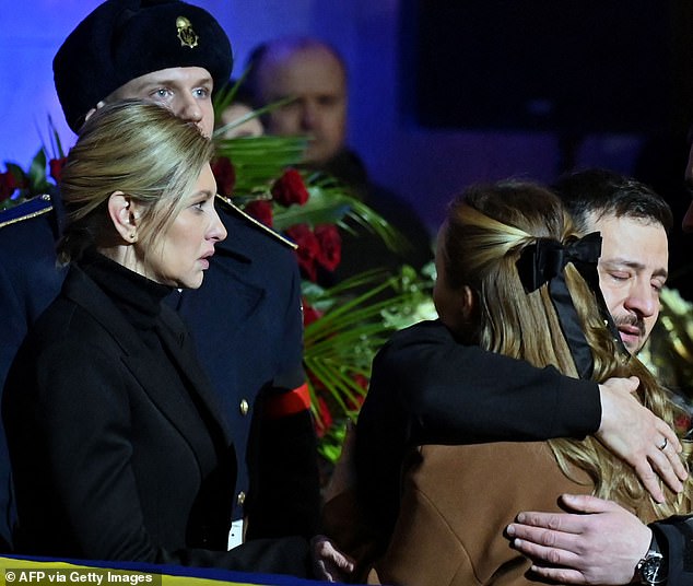 Ukrainian President Volodymyr Zelensky yesterday attended a memorial service for officials who died in a helicopter crash in Kyiv earlier this month.