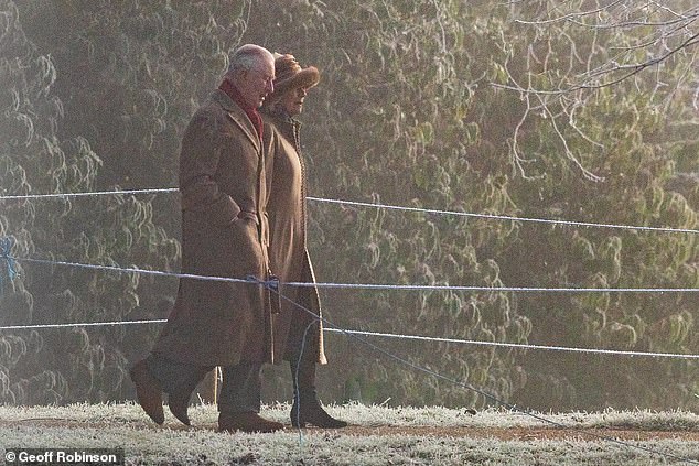 The queen consort, 75, shielded herself from the winter chill in a thick woolen coat to match her husband's outerwear as temperatures dipped to just 3C this morning.