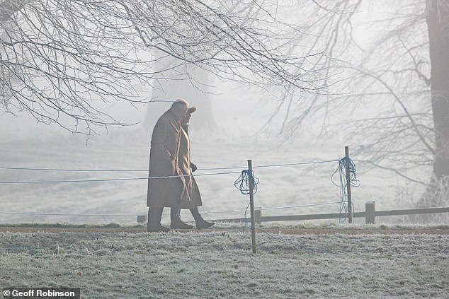 The grass by the church path was covered in frost when the royal couple set out this morning.