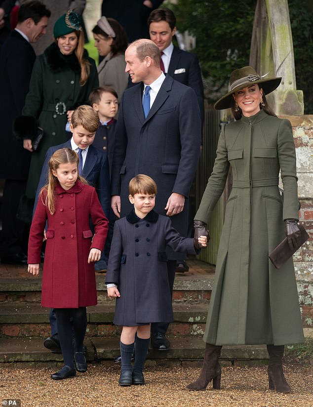 The Prince and Princess of Wales and their children Prince George, Princess Charlotte and Prince Louis, pictured outside the Norfolk church last month.