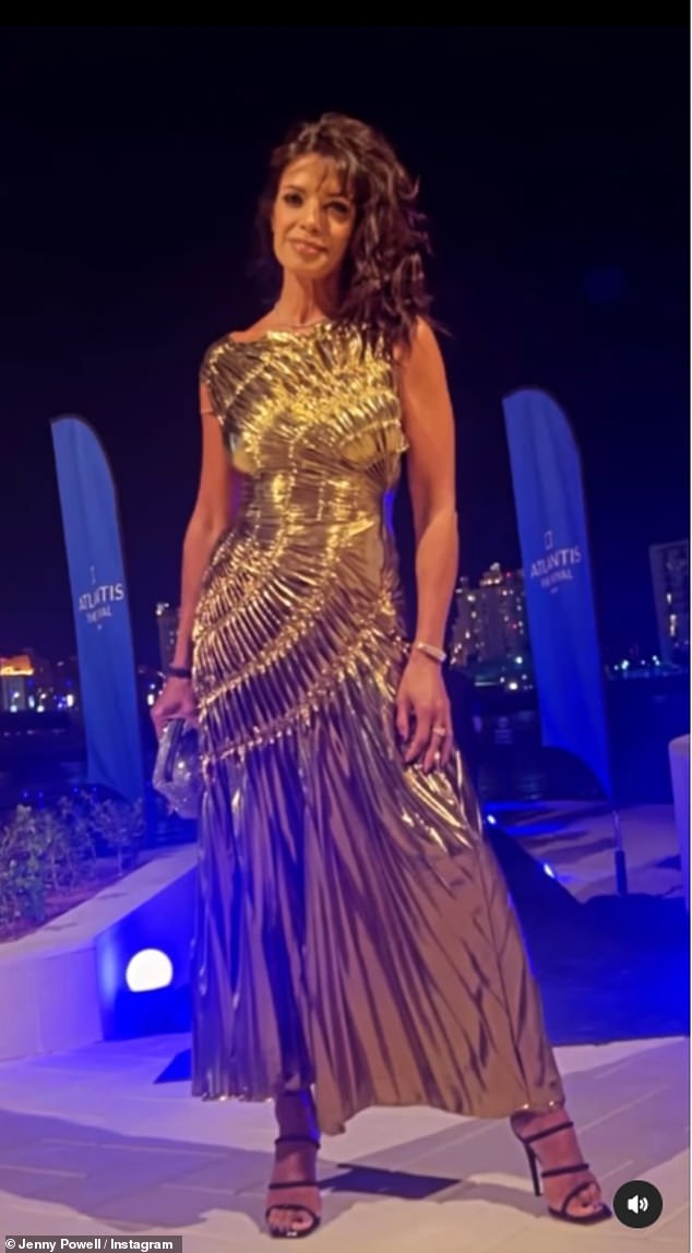 Golden girl: Jenny Powell looked sensational on Saturday in a golden gown while attending the star-studded opening of Dubai's new luxury hotel, Atlantis The Royal.