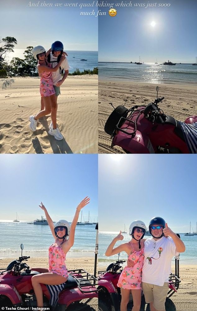 Fun moments: The couple then headed to the sun-kissed island, where they enjoyed an ATV ride with Tasha's dad, Tarek.