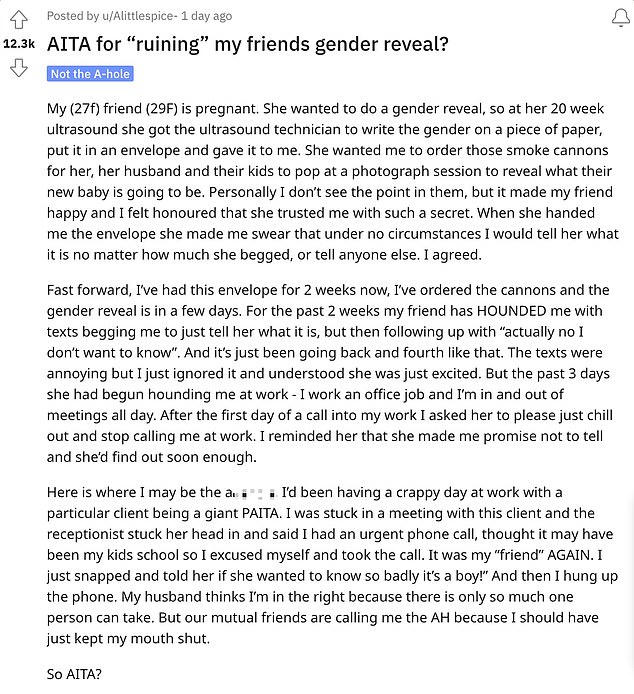 An anonymous woman took to Reddit to ask for people's input on her situation, in which a pregnant friend was furious with her for revealing the gender of her baby.